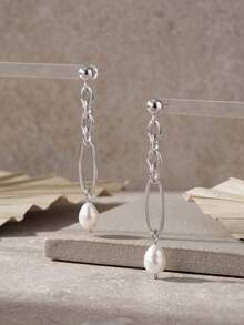 Women's Elegant Chain Freshwater Pearl Drop Earrings 925 Sterling Silver Fashion Designer Jewelry - Silver - View 4