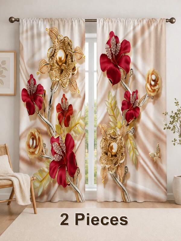 NOSBEI 2 piezas Cortina de flor roja con diamantes sin agujeros, Referencia para dormitorio, oficina, cocina, sala de estar, estudio, decoración del hogar