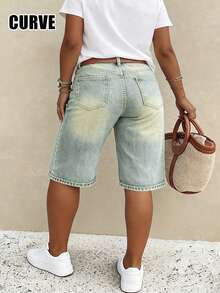 Mid-Waist Non-Stretch Vintage Retro Casual Women's Plus Size Denim Bermuda Shorts - Dark Wash - View 4