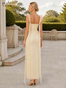 Cream| Women's Elegant Cream Sequin Mesh Ruffle Trim Bodycon Maxi Dress - 奶油色 - 查看 4