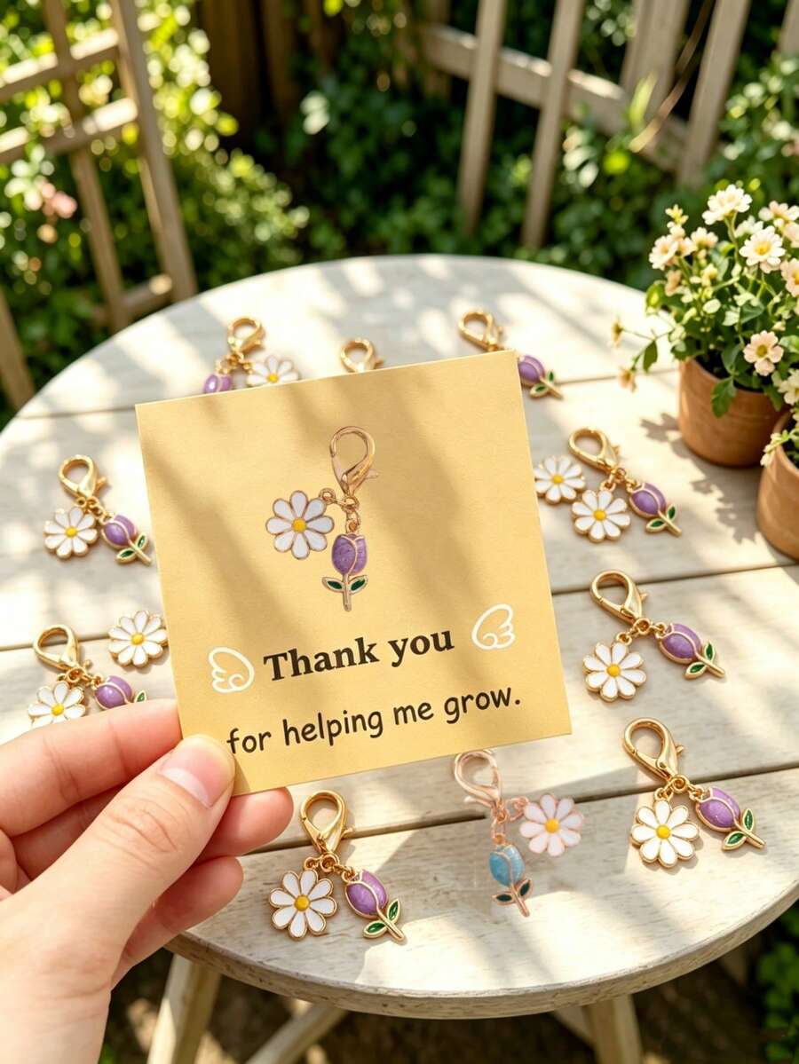 10pcs/8pcs/5pcs/3pcs Minimalist Daisy & Tulip Keychain Set, Includes "Thank You For Helping Me Grow" Card, Floral Keychains, Suitable For Teacher's Day, Thanksgiving, Friendship Growth Memorial Gift, Floral Lover Gift, Can Be Used As Key And Bag Accessories - Multicolor - View 1