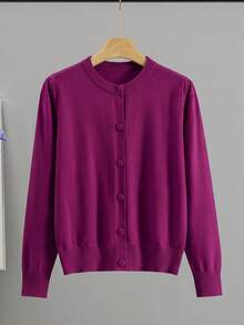 GIGOGOU Plus Size 1XL-4XL Autumn/Winter Basic Women's Knitted Cardigan, Soft Comfortable Casual Long Sleeve Sweater Top, Autumn Jacket - Purple - View 2
