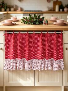 1Pc,Oven Skirt With Red Curtains With White Dot Cotton Cloth Pleated Skirt, Lace-Up Bowknot Trim, Pockets, Suitable For Placing Kitchen Utensils Or Organizing Small Items,DIY Apron,Multi-Functional Stove Protective Curtain, Cafe Small Window Curtain - Red - View 4
