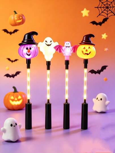 2pcs Halloween LED Glowing Fairy Wands, Glowing Ghost Pumpkin Witch Bat Shaped Handheld Fluorescent Sticks, Battery Powered, Suitable For Halloween Toys, Party Gifts, Yard Home Decor And Holiday Gifts