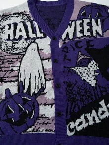 ANDREILEE Men's New Halloween Autumn Winter Casual Loose Minimalist V-Neck Button-Up Cardigan Sweater With Cute Cartoon Pattern And English Letter, Long Sleeve Knit Jacket - Purple - View 8