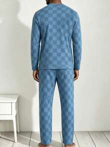 Men's Autumn/Winter Thin Comfortable Crew Neck Pullover Checkerboard & Simple Bear Print Long Sleeve Long Pants 2 Pieces Pajama Set, Lazy Minimalist Loungewear - Multicolor - View 5