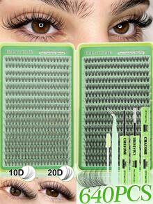 640/200pcs DIY Single Cluster False Eyelashes, Multiple Styles 9-16mm Mixed Length, 10D/20D Free Matching, Suitable For Natural Korean And Japanese Makeup, Soft And Durable, Lightweight And Delicate, Includes Glue, Brush And Tweezers Set, Easy For Daily, Date, Party And Holiday Use - Mint Green - View 2