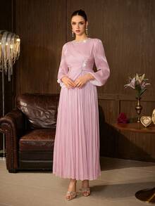 Elegant Pink Evening Gown With Rhinestones, Long Bishop Sleeves, Flared Skirt, Round Neck Formal Dress - Baby Pink - View 7