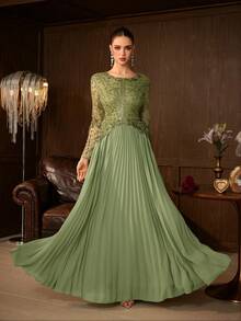 Elegant Women's Long Sleeve Ball Gown, Decorated With Exquisite Round Neckline, Gorgeous Pleated Flare Skirt, Suitable For Formal Evening Events - Green - View 6