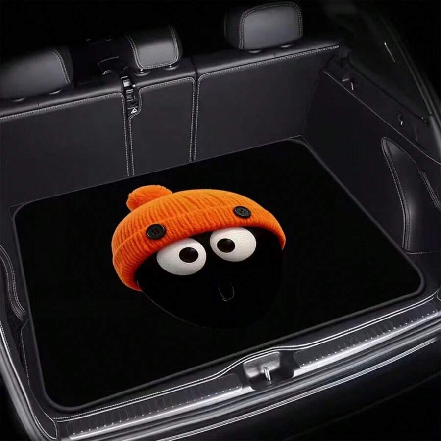 1pc Cartoon Car Trunk Mat, Black Big Eyes With Orange Knit Hat Surprised Expression, Suitable For Sedans, Trucks And SUVs, All-Season Use, Multi-Functional Trunk Storage Mat Keeps Car Interior Clean, Ideal For Daily Commute, Interior Upgrade, Car Interior Accessories - Orange Hat - View 1