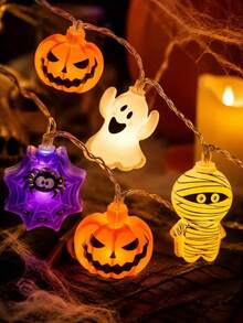 1pc Halloween Combination LED String Lights, Battery Powered, 10/20 LED Beads, Pumpkin, Ghost, Witch, Mummy And Spider Web 8 Shapes, Suitable For Bedroom, Living Room, Door & Window, Party Decoration - Multicolor - View 5