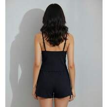 Baby Doll Canelado  Rendado Conforto Estilo Noites Suaves Pijama Fresquinho - Preto - Visão 3