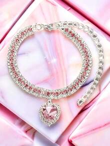 1pc Elegant Faux Pearl Pet Collar, Shiny Pink Heart-Shaped Rhinestone Pendant Necklace, Adjustable Extension Chain, Easy To Wear Decorative Neck Accessory, Suitable For Small Dogs And Cats, Birthday Holiday Photo Prop, Pet Grooming Supplies - Multicolor - View 1