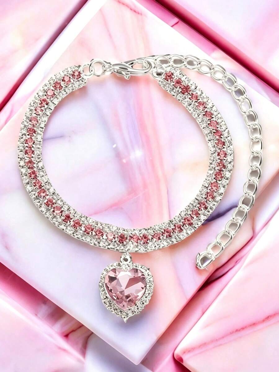 1pc Elegant Faux Pearl Pet Collar, Shiny Pink Heart-Shaped Rhinestone Pendant Necklace, Adjustable Extension Chain, Easy To Wear Decorative Neck Accessory, Suitable For Small Dogs And Cats, Birthday Holiday Photo Prop, Pet Grooming Supplies - Multicolor - View 1