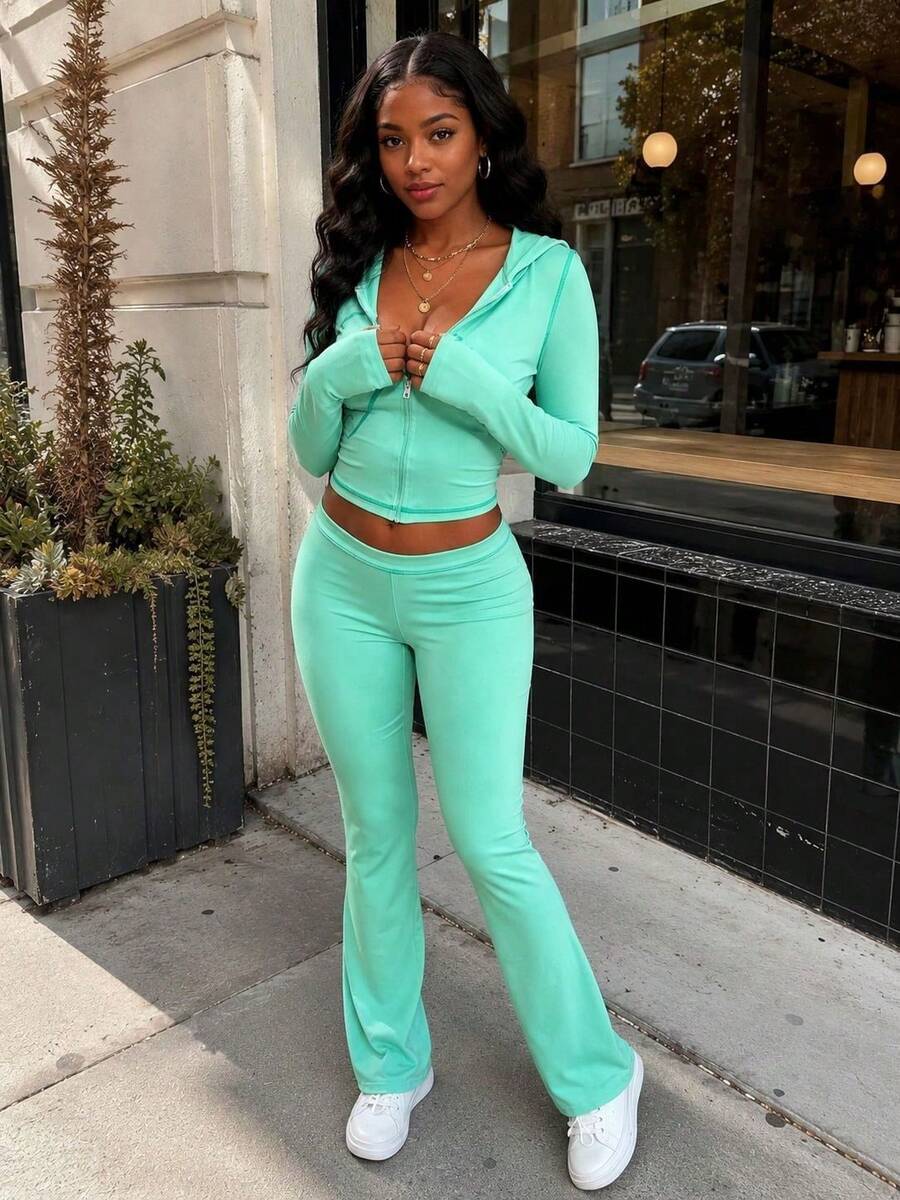 FQLWL Women's Casual Street Style Tracksuit, Printed Zip-Up Hoodie And Pants Set, Long Sleeve 2-Piece Outfit Spring Elegant - Mint Green - View 1