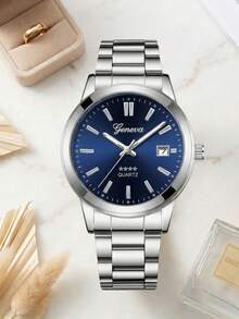 1PC Men's Quartz Watch, Business Casual Minimalist Bar Scale Design, Single Date Function, Blue Dial, Suitable For Daily Wear, Decoration Or Father's Day, Thanksgiving And Various Holiday Gifts - Silver - View 3