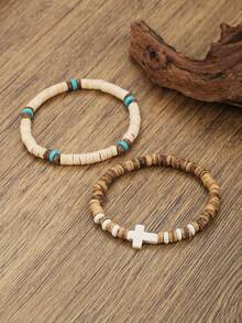 RINTOLER 1 Set Isi 2 Gelang Manik-Manik Salib Gaya Bohemian dengan Hiasan Kerang dan Batu Turkuois, Aksesori Modis dan Serbaguna untuk Pemakaian Sehari-hari atau Perjalanan - MultiWarna - View 12