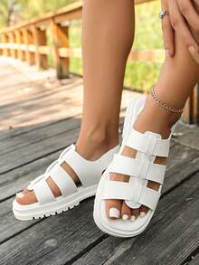 Women's Black Thick Sole Hook-And-Loop Sandals, Mid-Heel Casual Sport Walking Summer Chunky Heel Soft Bottom Versatile Wedge Roman Slide Sandals - White - View 6