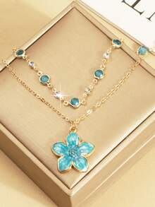 Cool-Toned Double Layer Stacked Necklace For Women, Lake Blue Flower Pendant Design, Niche Exquisite Summer Collarbone Chain - Multicolor - View 3