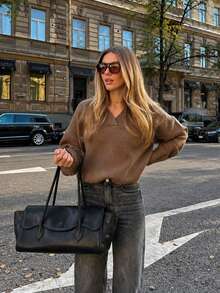 Women's Brown Polo Collar V-Neck Waffle Knit Loose Sweater, Dropped Shoulder Ribbed Hem Pullover, Earthy Collegiate Style Fall - Coffee Brown - View 3