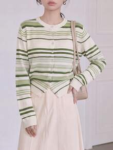 Jaket Sweater Rajut Wanita Kasual Minimalis Bergaris Leher Bulat Musim Gugur/Musim Dingin - hijau - View 3