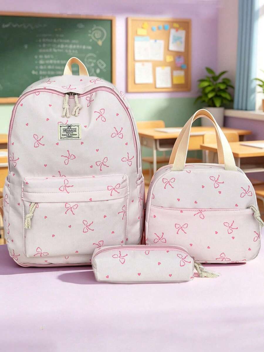 3-Piece Back To School Backpack Set - Heart & Bow Pattern Large Capacity Backpack + Lunch Bag + Pencil Case Multi-Pack, With Laptop Compartment, Adjustable Shoulder Straps And Spacious Multi-Pockets - Lightweight Portable Zipper Bag, Suitable For Students/Teenagers/Graduates, Perfect For Outdoor/Travel/Middle School/High School/College, Essential College Backpack - 2327 - View 1