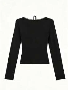 Korean Style Minimalist Sexy Slimming Versatile Lace Long Sleeve T-Shirt Base Layer Top For Women - Black - View 2