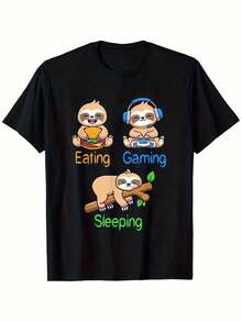Camiseta Divertida de Juegos con Diseño de Perezoso - Algodón Suave y Transpirable, Corte Holgado, Tallas S-2XL - Diseño de Perezoso Comiendo, Durmiendo y Jugando - Ropa Casual y para Exteri - Negro - Ver 1
