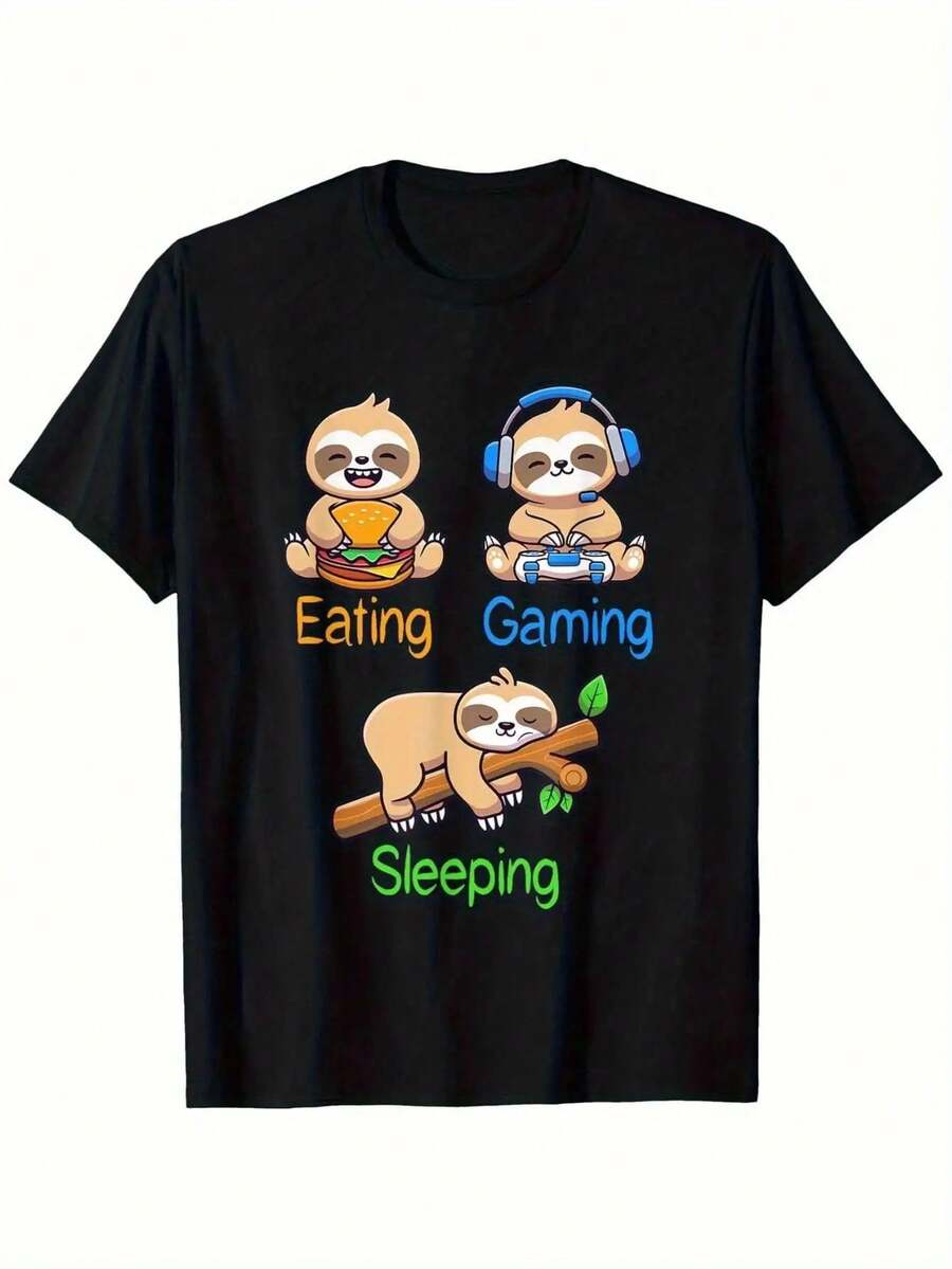 Camiseta Divertida de Juegos con Diseño de Perezoso - Algodón Suave y Transpirable, Corte Holgado, Tallas S-2XL - Diseño de Perezoso Comiendo, Durmiendo y Jugando - Ropa Casual y para Exteri - Negro - Ver 1