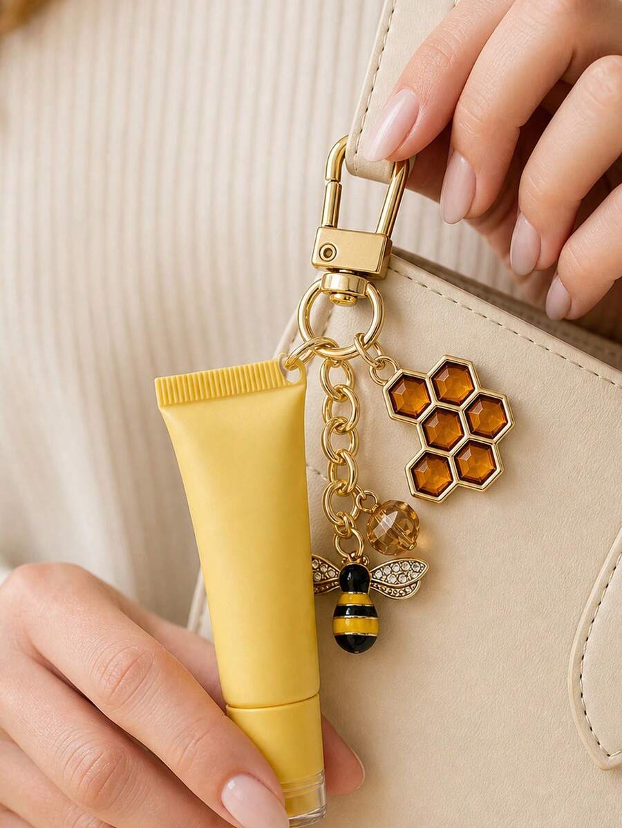 Lindo llavero de tubo de brillo labial con abeja y panal de strass, colgante de abeja de esmalte amarillo dulce para bolso, llavero de coche de moda, accesorio de bolso exquisito, fácil de usar, regalo perfecto para niñas y mujeres, recuerdo de boda práctico y elegante, regalo de fiesta, regalo de cumpleaños, regalo del Día del Maestro, regalo de vuelta a la escuela, artículo práctico esencial para el desplazamiento diario, la escuela y los viajes - Multicolor - Ver 1