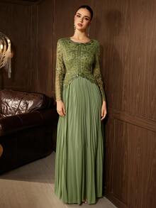 Elegant Women's Long Sleeve Ball Gown, Decorated With Exquisite Round Neckline, Gorgeous Pleated Flare Skirt, Suitable For Formal Evening Events - Green - View 8
