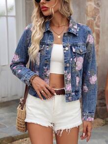Jaket Denim Wanita Lengan Pendek Panjang Bermotif, Katun Berkualitas untuk Liburan Kasual - Biru - View 2