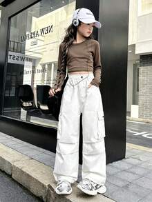 New Style Girls' Utility Pants, Casual Solid Color Trousers For Older Tween Girl - Beige - View 6