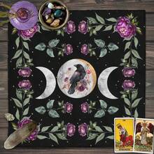 1pc Triple Moon Raven Purple Peony Tarot Cloth, Black Star Floral Witch Altar Mat, Gothic Botanical Moon Phase Divination Tablecloth Spiritual Wall Tapestry - Multicolor - View 1