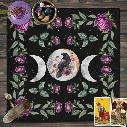 1pc Triple Moon Raven Purple Peony Tarot Cloth, Black Star Floral Witch Altar Mat, Gothic Botanical Moon Phase Divination Tablecloth Spiritual Wall Tapestry