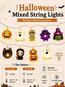 1pc Halloween Combination LED String Lights, Battery Powered, 10/20 LED Beads, Pumpkin, Ghost, Witch, Mummy And Spider Web 8 Shapes, Suitable For Bedroom, Living Room, Door & Window, Party Decoration - Multicolor - View 9