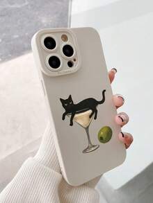 Black Cat Cocktail Artistic Phone Case, Soft Edge Corner Protection Anti-Drop, Minimalist Personalized, Compatible With Apple 18/18Pro/18ProMax/17/17Pro/17ProMax/16/16Pro/16Plus/16ProMax/15/15Pro/15ProMax/15Plus/14/14Pro/14ProMax/13/13Pro/13ProMax/12/12Pro/12ProMax/11/7/8, Suitable As Birthday Gift, Back To School Gift, Christmas Gift, Halloween Gift, For Men And Women Daily Use - Beige - View 2