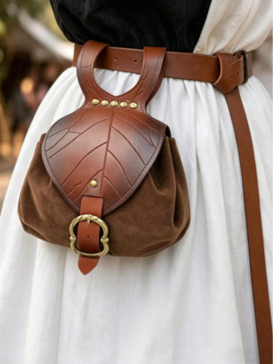 1pc Medieval Leaf Pattern PU Leather Belt Pouch, Vintage Renaissance Waist Bag, Cosplay LARP Costume Accessory Halloween - Multicolor - View 1