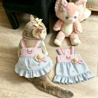 Gaun Kucing Bergaris Pelangi Musim Semi/Panas, Gaun Putri Lucu dengan Tali Bahu Tipis, Pakaian Hewan Peliharaan yang Bernapas, Cocok untuk Kucing Ragdoll, Anak Kucing Berwarna Emas, Anti Rontok