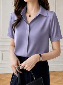 Camisa de seda de manga corta elegante y chic, estilo retro de Hong Kong, de satén, para verano y primavera - Celeste - Ver 2