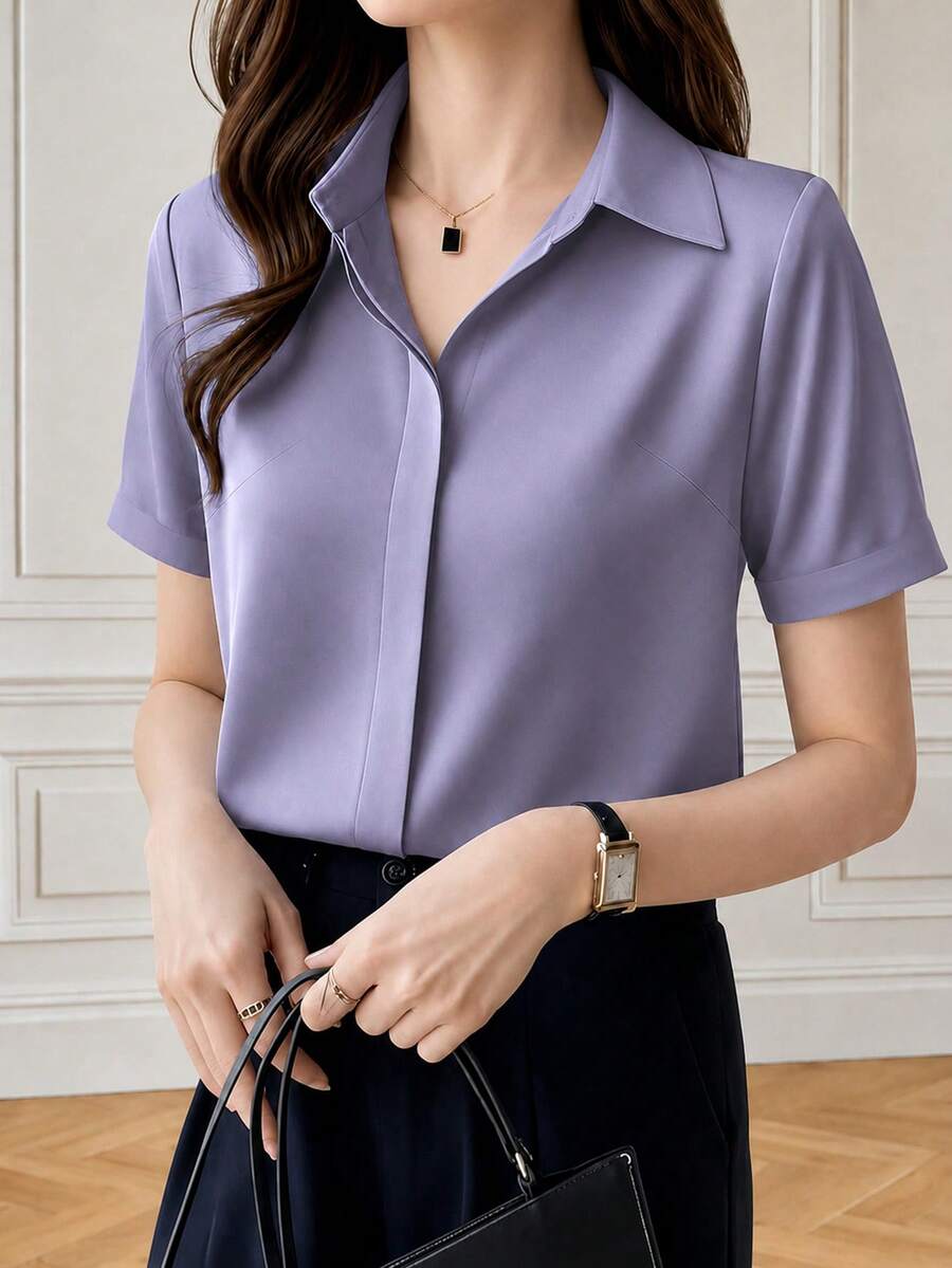 Camisa de seda de manga corta elegante y chic, estilo retro de Hong Kong, de satén, para verano y primavera