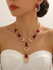 2pcs/Set French Luxury Burgundy Asymmetric Faux Pearl Women's Jewelry Set, Vintage Bohemian Exaggerated Metal Style, Water Drop Oval Double Ring Layered Design Y-Shaped Necklace And Earrings, Evening Dress Accessories, Celebration Holiday Christmas Gift Lightweight Luxury - Red - View 1