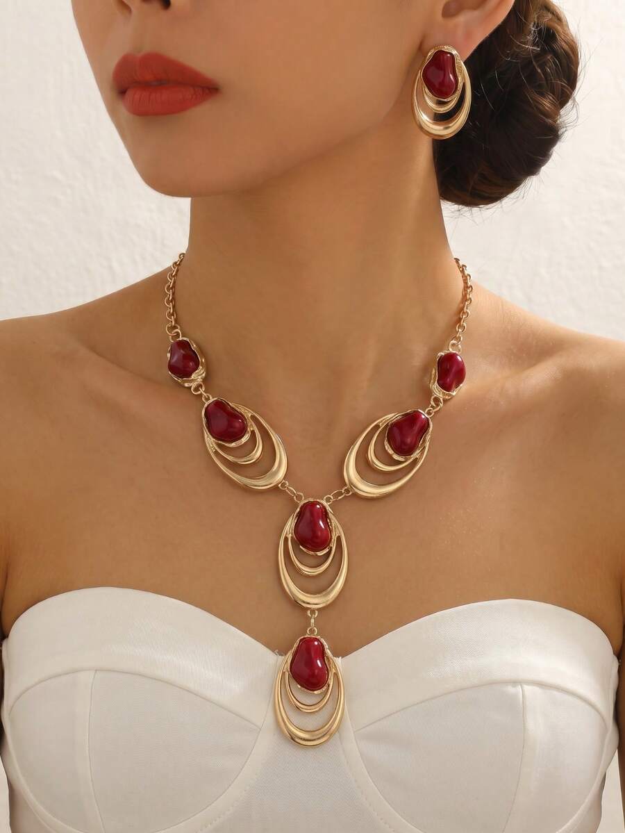 2pcs/Set French Luxury Burgundy Asymmetric Faux Pearl Women's Jewelry Set, Vintage Bohemian Exaggerated Metal Style, Water Drop Oval Double Ring Layered Design Y-Shaped Necklace And Earrings, Evening Dress Accessories, Celebration Holiday Christmas Gift Lightweight Luxury - Red - View 1