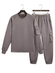 Retro Washed Fuzzy Cargo Tracksuit, Men Raglan Crew Neck Sweatshirt Drawstring Cargo Joggers Casual 2‑Piece Outfit - Dark Grey - View 6