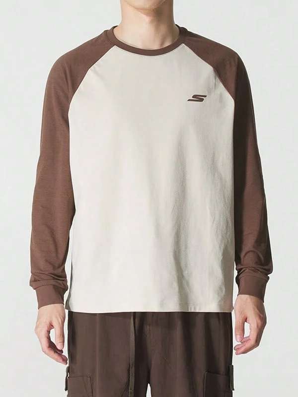 Skechers Unisex Raglan Long Sleeve T-Shirt Skin-Friendly Breathable Loose Color-Block Base Layer Top - White Brown - View 1