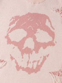 ANDREILEE Halloween Men's Skull Distressed Edge Fashion Casual Crew Neck Long Sleeve Loose Knit Sweater Streetwear Autumn/Winter - Pink - View 9