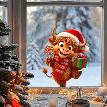 1/3pcs Winter Xmas Static Window Stickers. Cute Highland Cow Squirrel Reindeer With Santa Hat And Candy & Gift Box Design Pattern, Reusable No Residue Vinyl Decals For Glass Window Storefront Winter Xmas Holiday Home Party Decor. - Multicolor - View 9