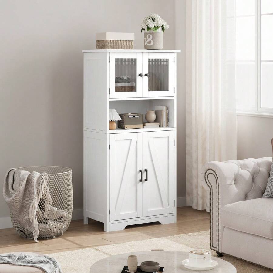 Armario recibidor alto independiente de madera con puertas de transparente y estantes ajustables, mueble despensa para cocina/baño/salón, estilo rústico moderno, 60x30x128 cm - Blanco - Ver 1