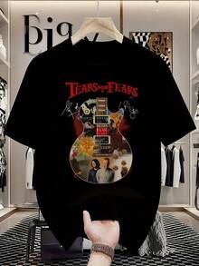 Tears For Fears Official Band T-Shirt - Vintage Guitar Graphic Tee With Curtains Design, Soft Crew Neck Concert Shirt For Men, Machine Washable Rock M - 黑色 - 查看 1