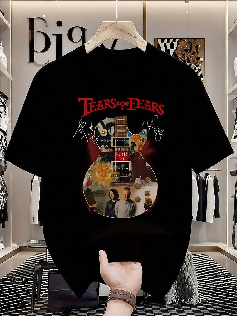 Tears For Fears Official Band T-Shirt - Vintage Guitar Graphic Tee With Curtains Design, Soft Crew Neck Concert Shirt For Men, Machine Washable Rock M - 黑色 - 查看 1